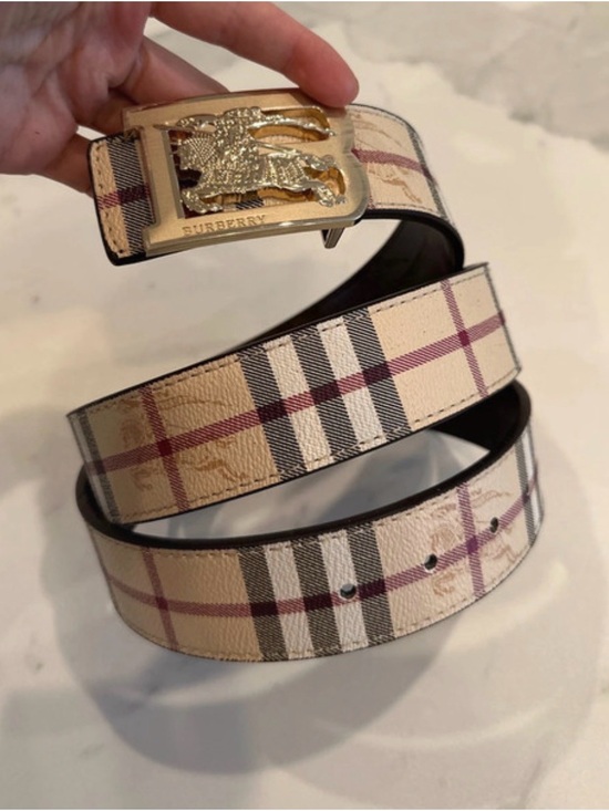 Burberry Beige Plaid Leather Belt with Gold-tone Horseferry Buckle main image 5